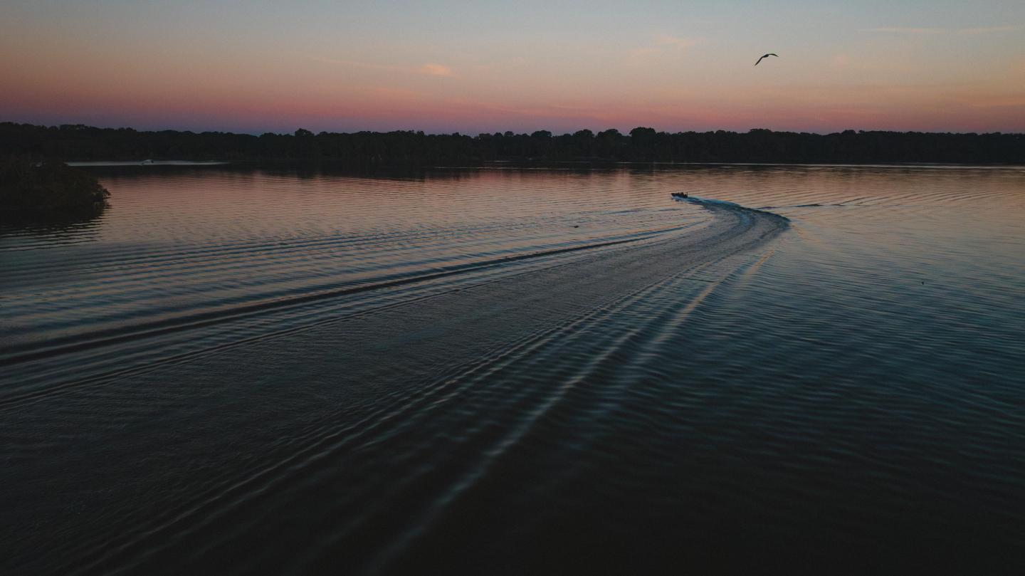 Sunset over a calm lake with a boat's ripple and bird in the sky.