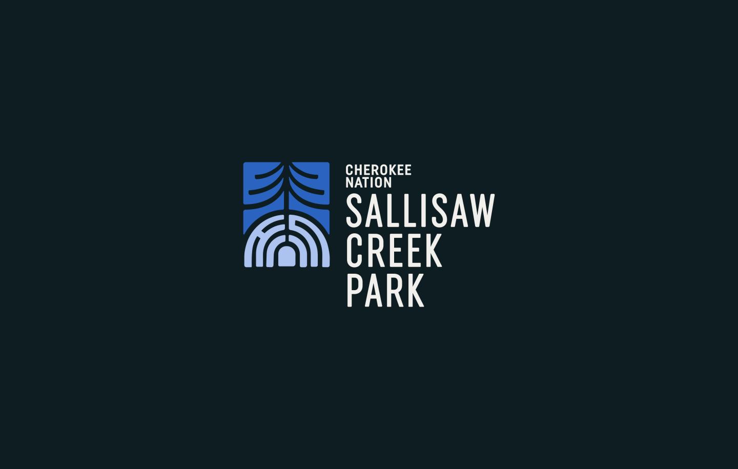 Sallisaw Creek Park logo with abstract tree and arch in blue and white.