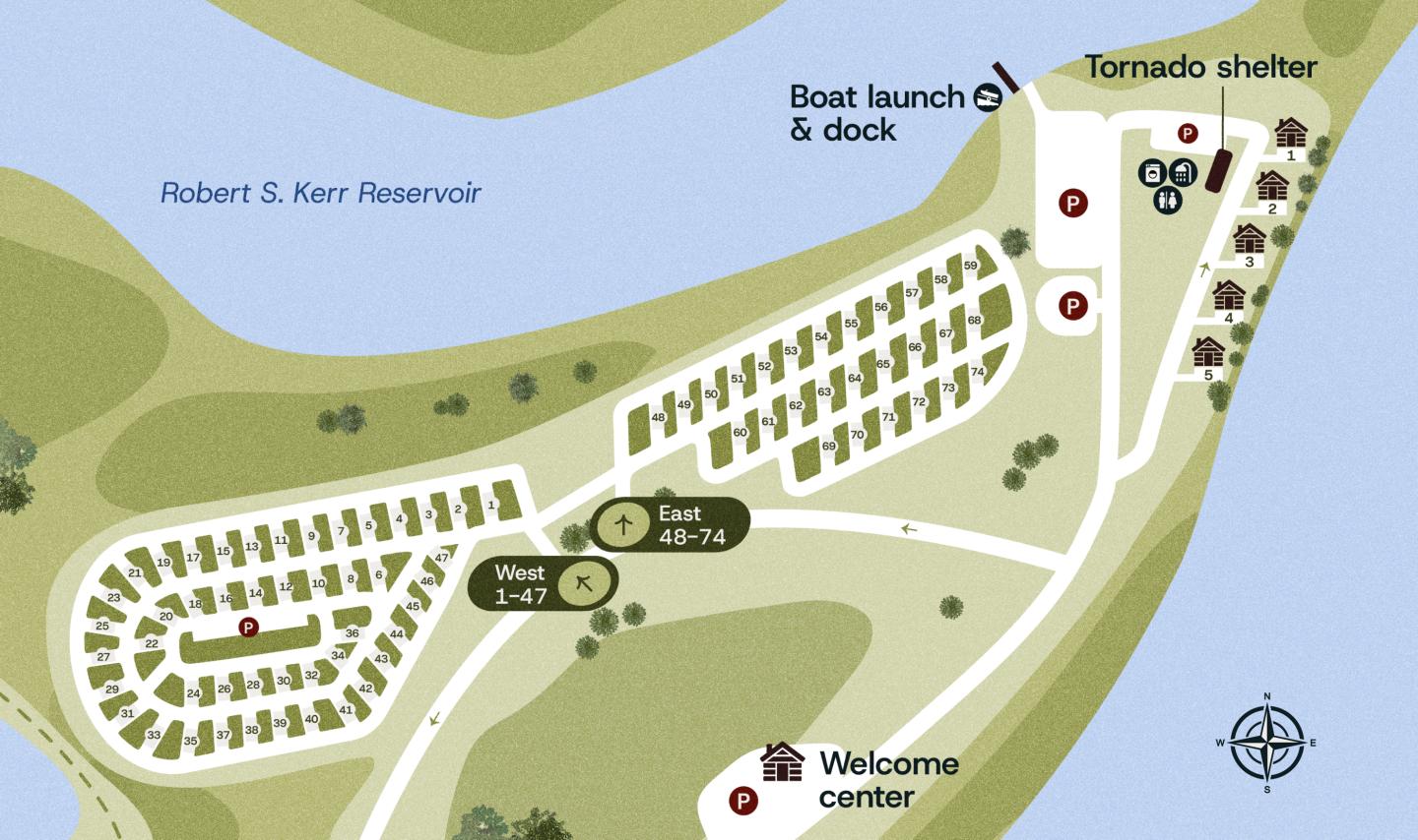 Map showing a campsite layout by a reservoir, including paths and facilities.