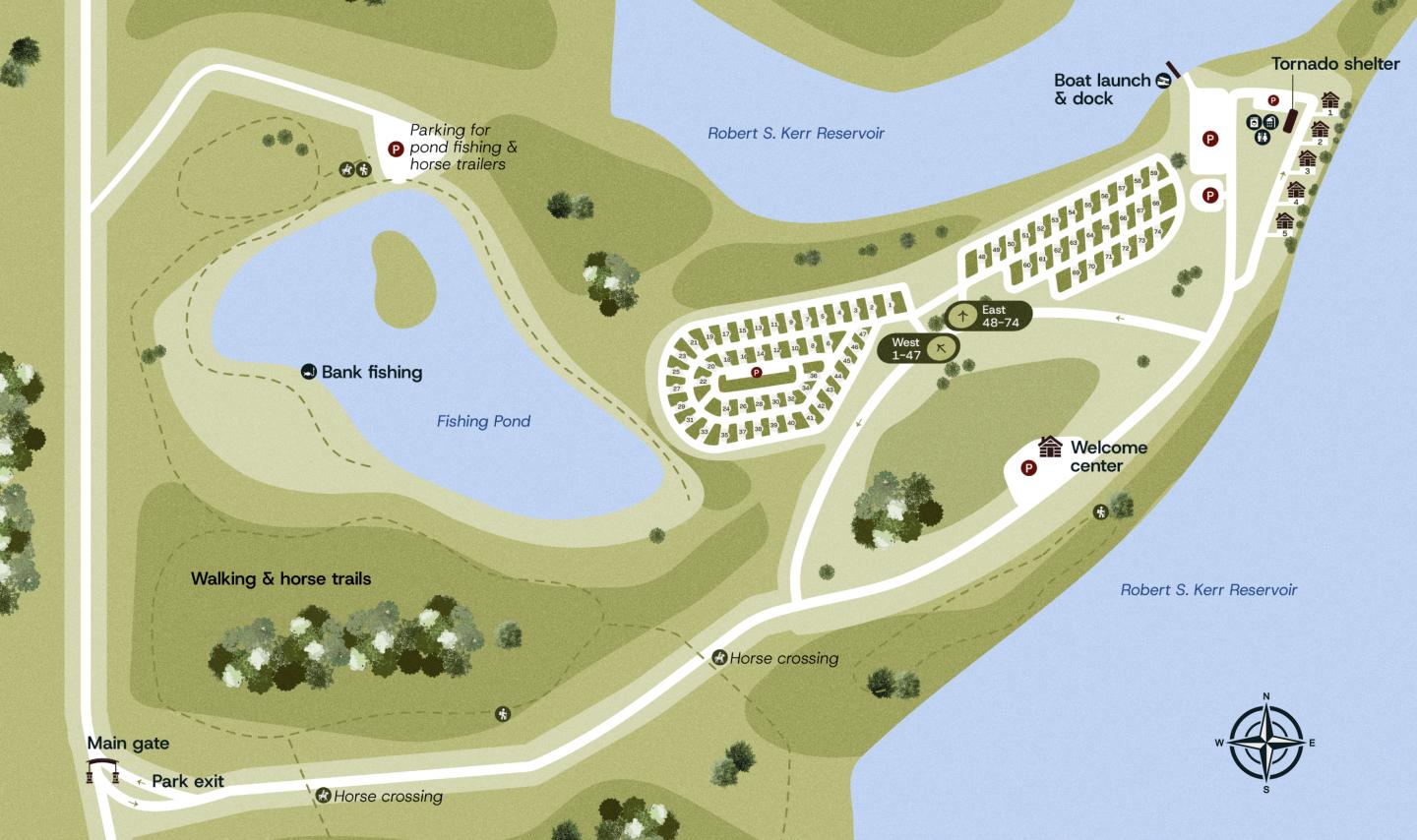 Map of a lakeside park with trails, campsites, and fishing areas.
